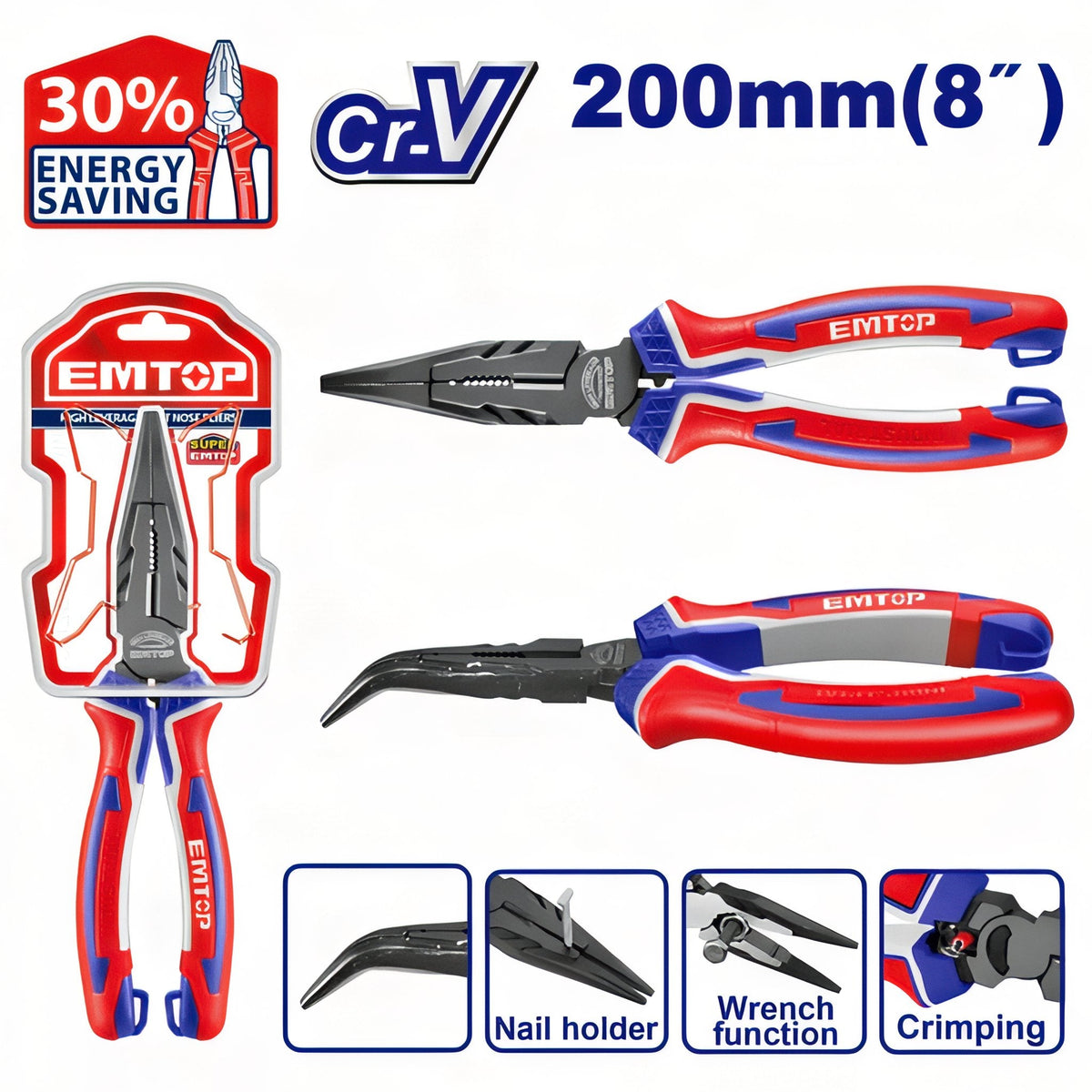 Alicates de punta curva EMTOP EPLRB0821 — 200 mm, Cr-V