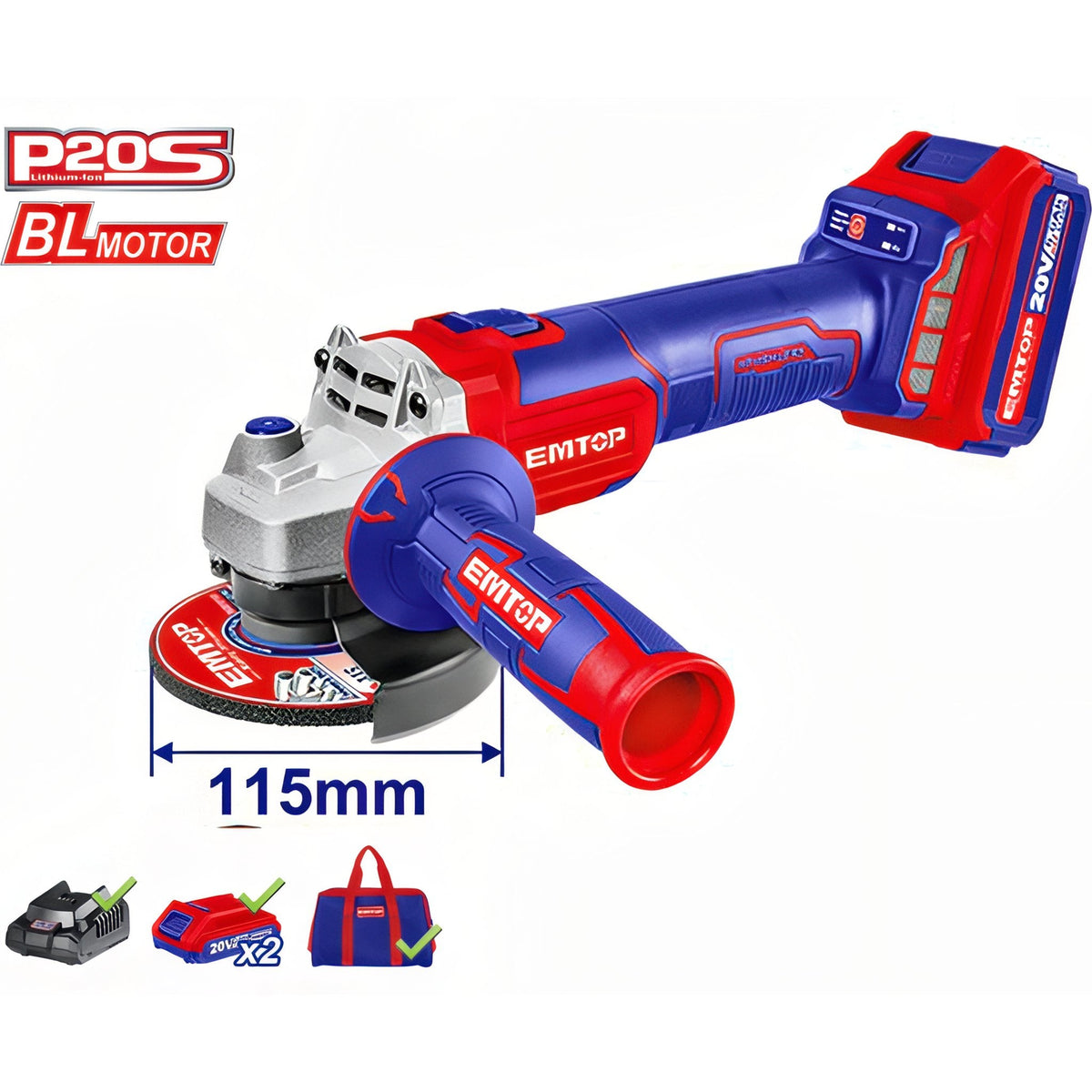 EMTOP Amoladora Inalámbrica 115mm con Kit de Baterías — ELAG2011582