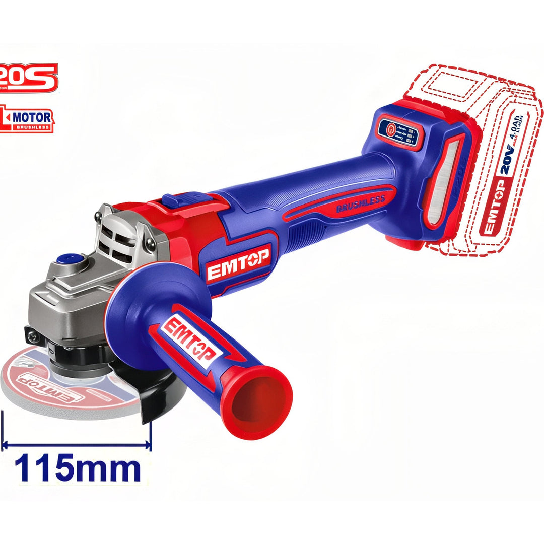 Amoladora Inalámbrica EMTOP 20V Brushless — ELAG21154
