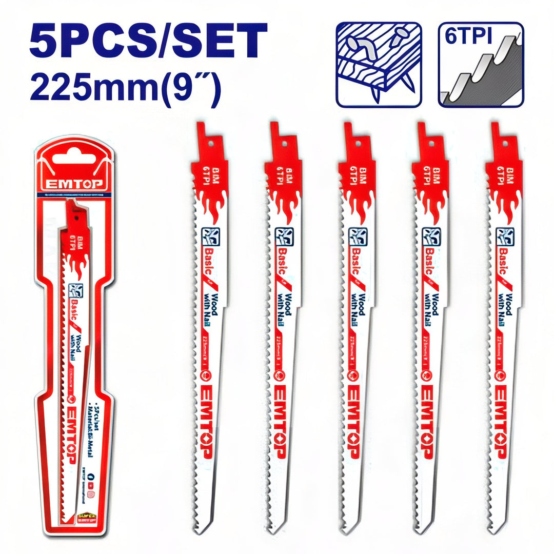 Hojas de sierra sable EMTOP ERSB1111DF — 225 mm, 6 TPI, 5 unidades