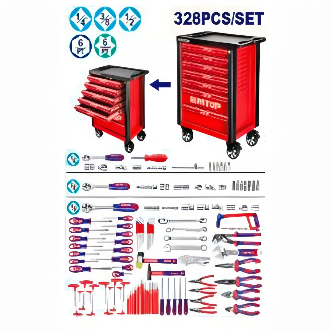 EMTOP Organizador Móvil Profesional de Herramientas con 7 Cajones y Set 328pc — EHTS03281