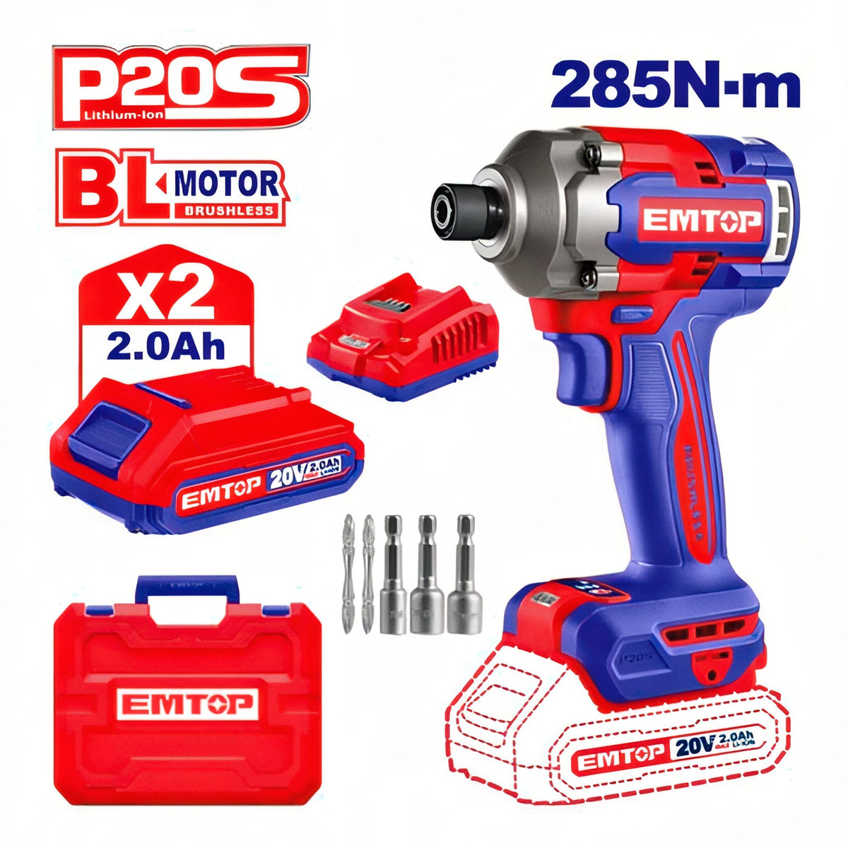 Atornillador de Impacto EMTOP 285nm - Kit Completo 20V — ECIRL2028E