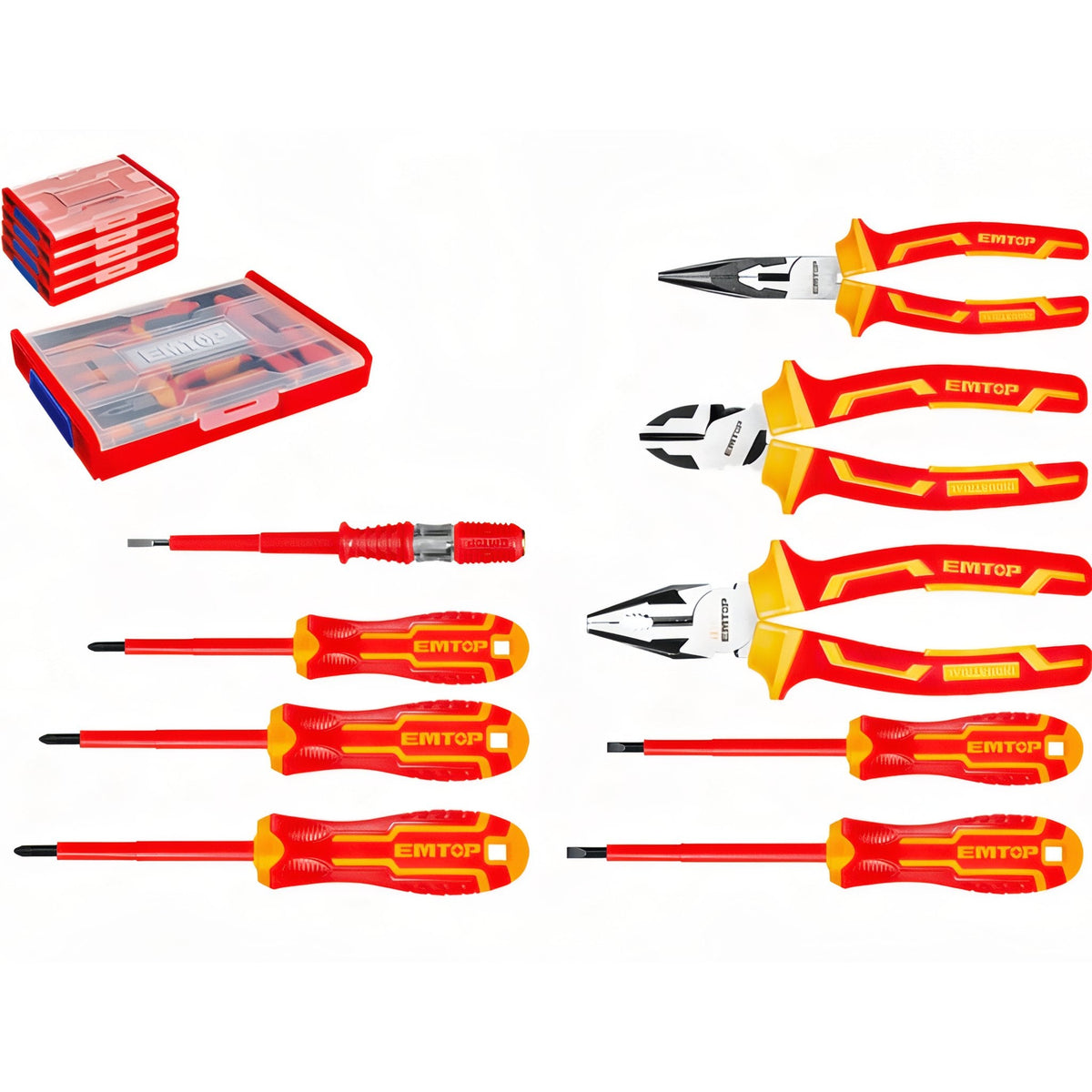 EMTOP Kit: Juego de 9 Herramientas Aislantes para Electricistas con Caja Apilable 1000V — EHTSV01H09