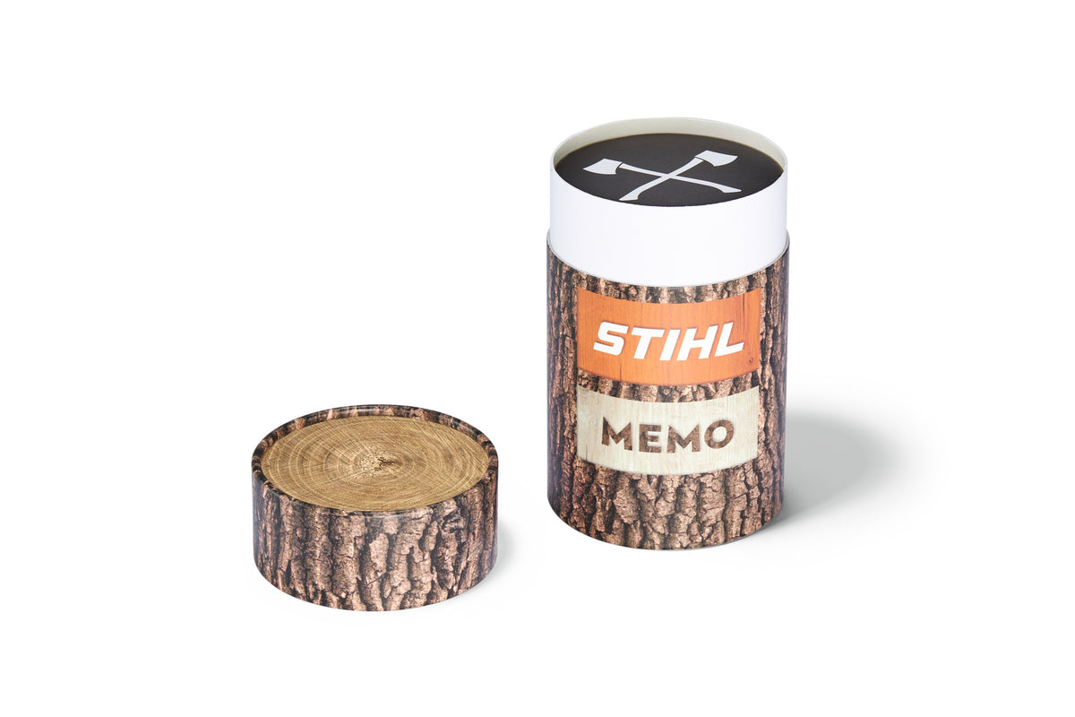 Juego de memoria STIHL de 48 cartas con caja en forma de tronco