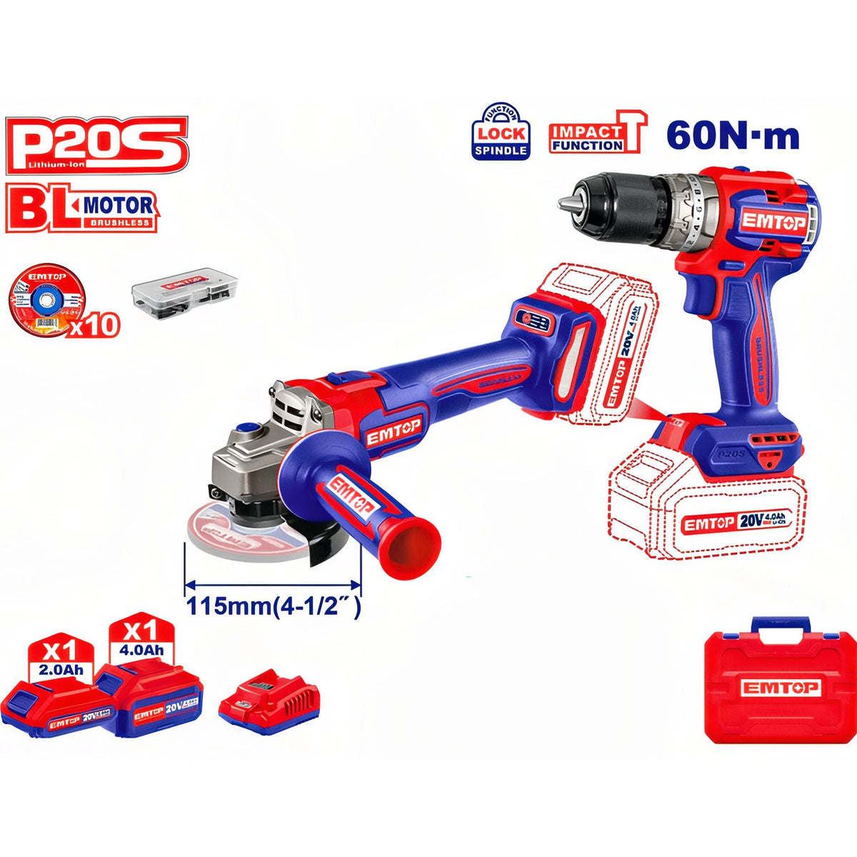 Kit de taladro y amoladora EMTOP ECKL20273 — 20 V