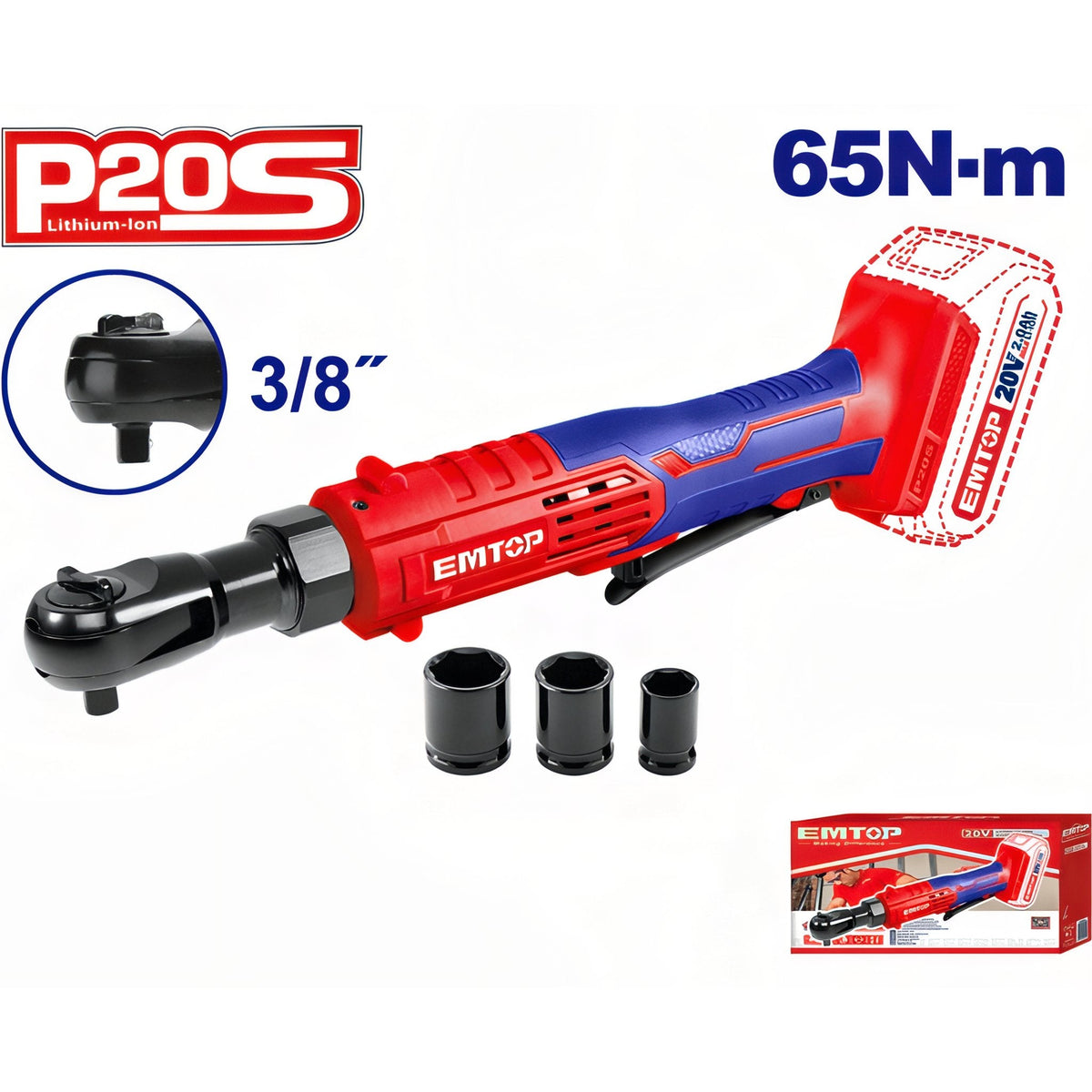 Llave de carraca EMTOP EDRL2060151 — 20 V, 3/8 pulgadas