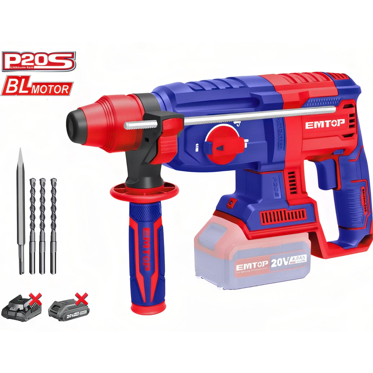 EMTOP 20V - Kit Martillo Perforador Inalámbrico SDS Plus con Accesorios — ELRH20228