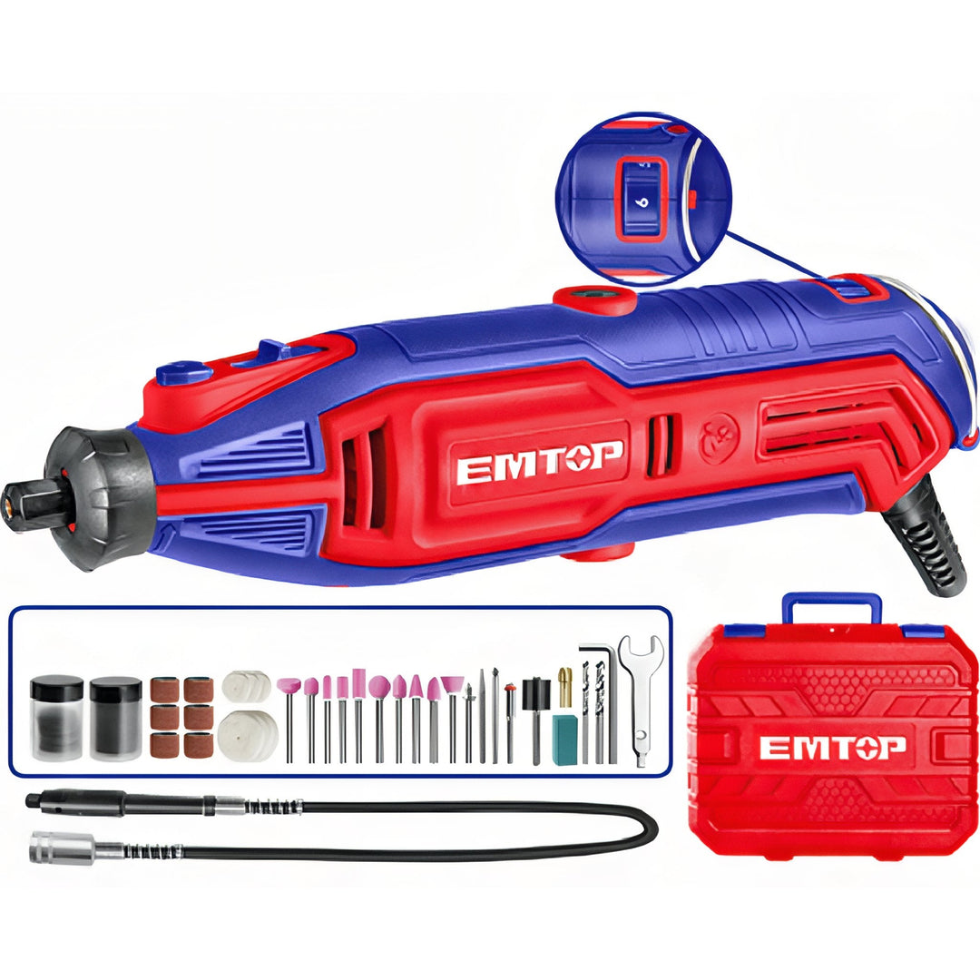 Amoladora Compacta EMTOP 130w - Incluye Eje Flexible y Kit de Accesorios en Maletín — EMGK1301