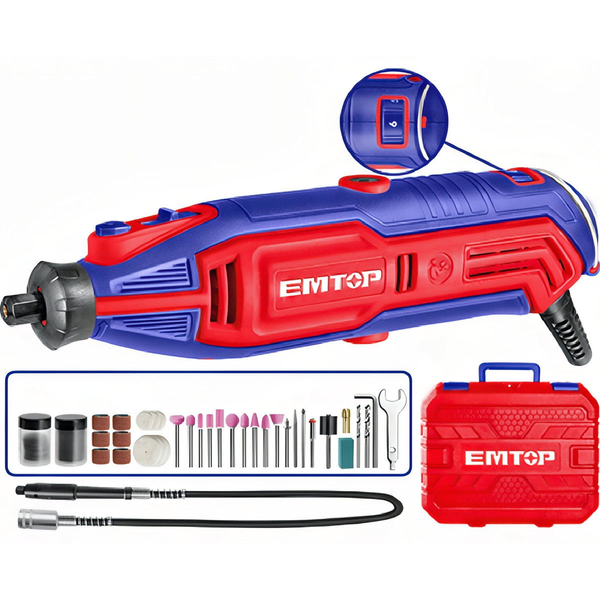 Amoladora Compacta EMTOP 130w - Incluye Eje Flexible y Kit de Accesorios en Maletín — EMGK1301
