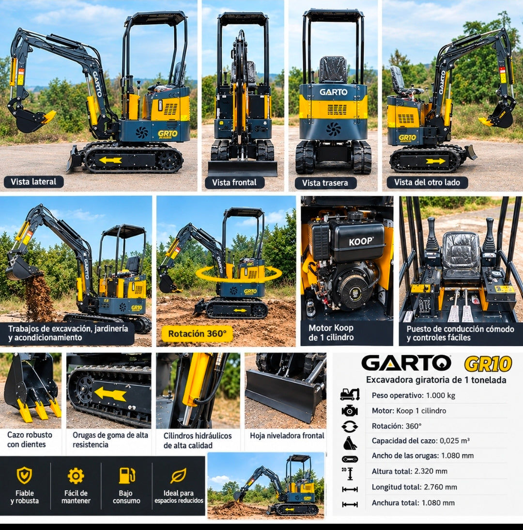 Excavadora 1 Tonelada Giratoria Motor Koop de 1 Cilindro