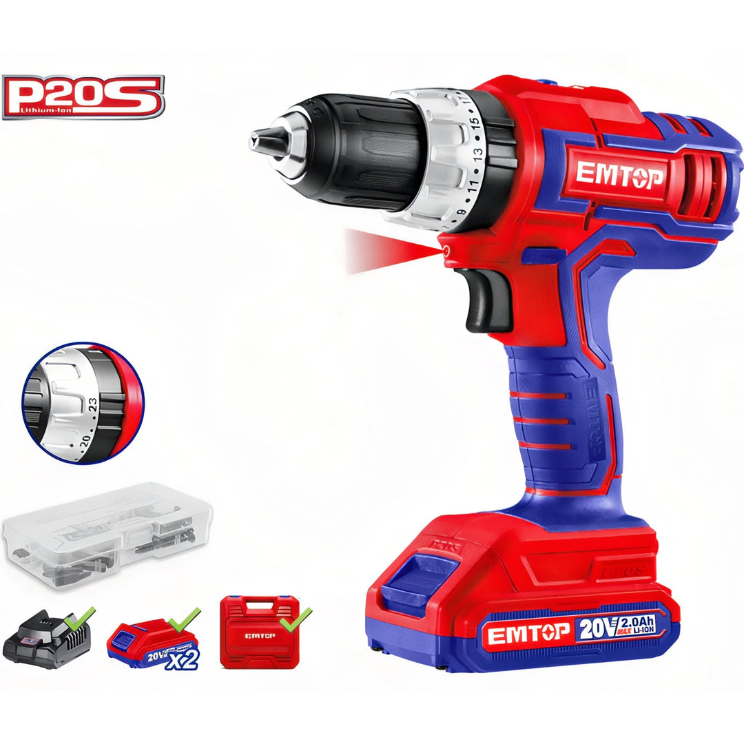 EMTOP 20V - Kit Avanzado de Taladro Percutor Inalámbrico con Doble Batería — ECIDL72003